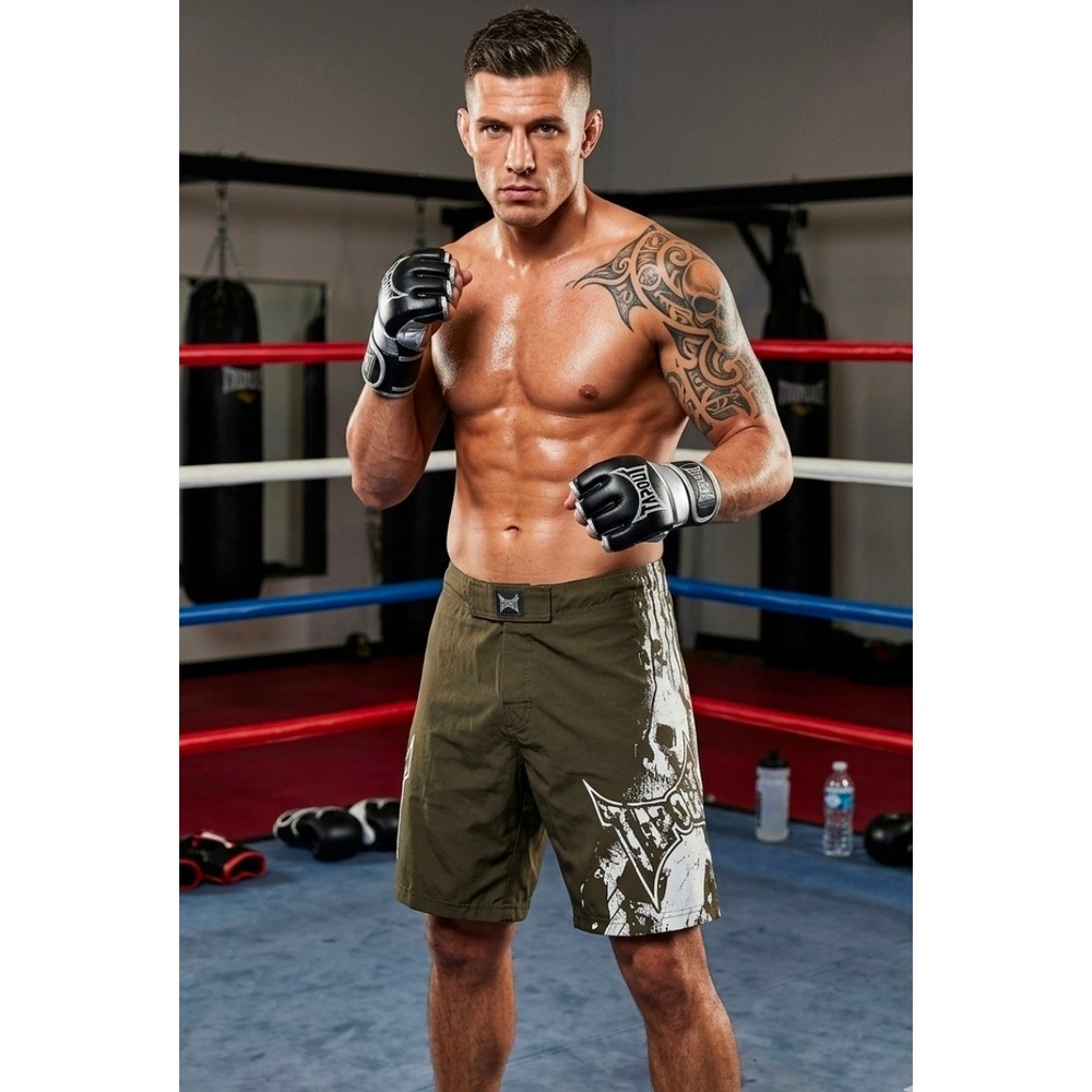 Tapout Green MMA Board Shorts 38 Y2K Skull Graphic Training Trunks Athletic